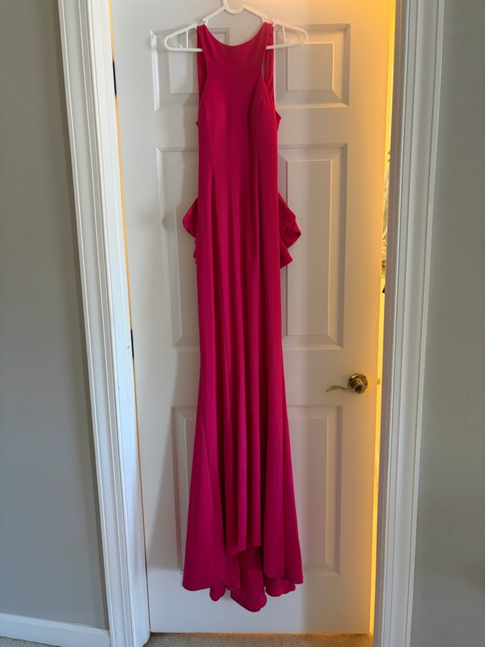 Xscape Hot Pink Sleeveless Ruffle-Back Maxi Gown